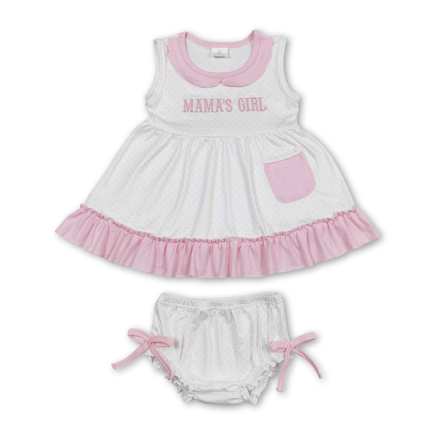Mama’s Girl Embroidered Pink Bitty Dot Diaper Set