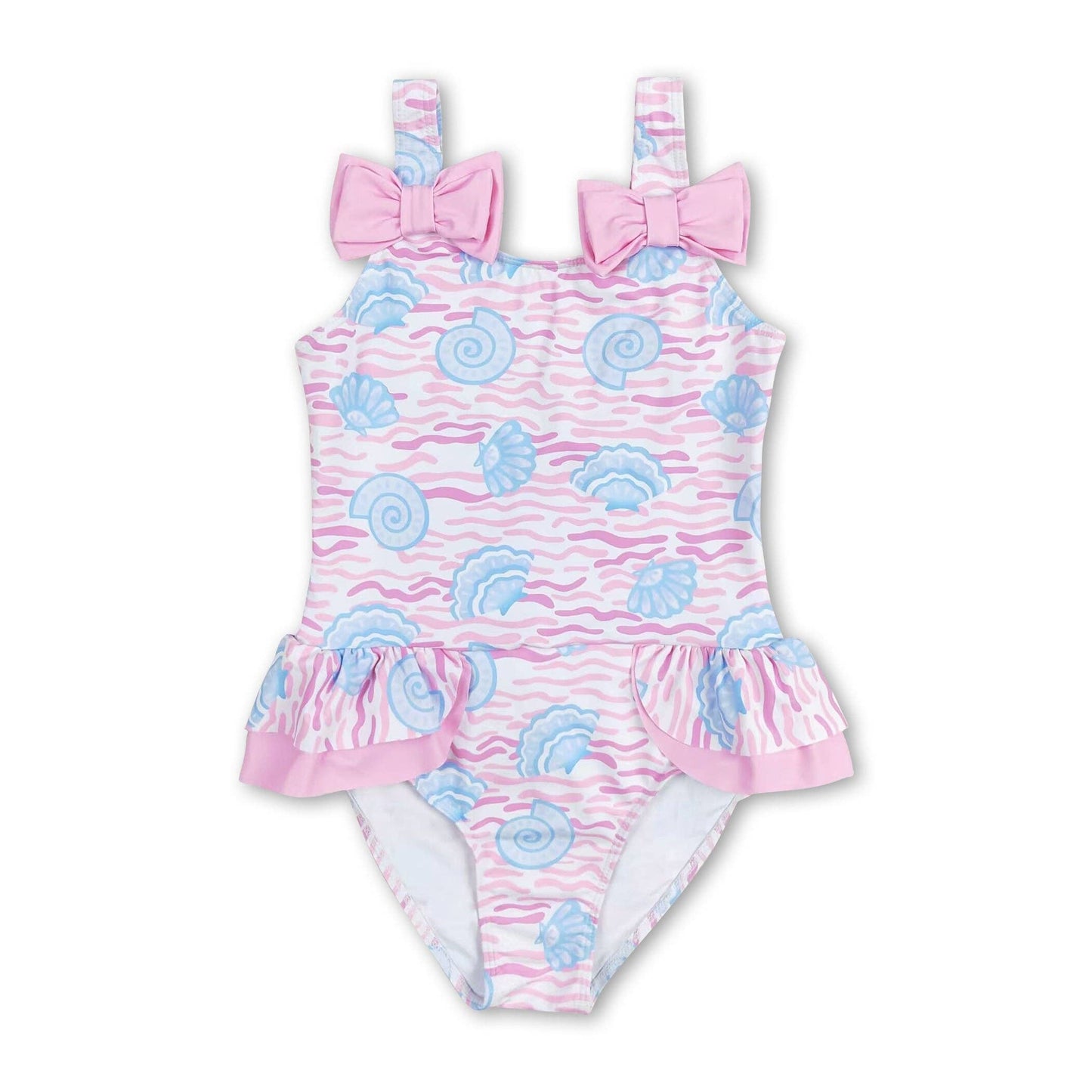 Blue Seashell 1 Piece Swimsuit W/ Pink Bows