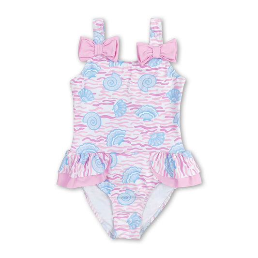 Blue Seashell 1 Piece Swimsuit W/ Pink Bows
